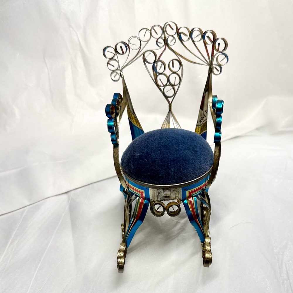 Pin Cushion MINI 5 inches Vintage 1970 Recycled Tins Can Art Blue Velvet - Picture 1 of 14